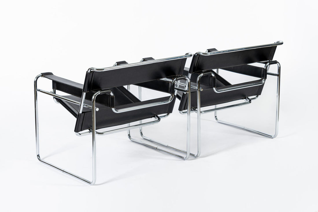 Mid Century Black Leather Wassily Arm Chairs by Marcel Breuer for Knoll, 1960s