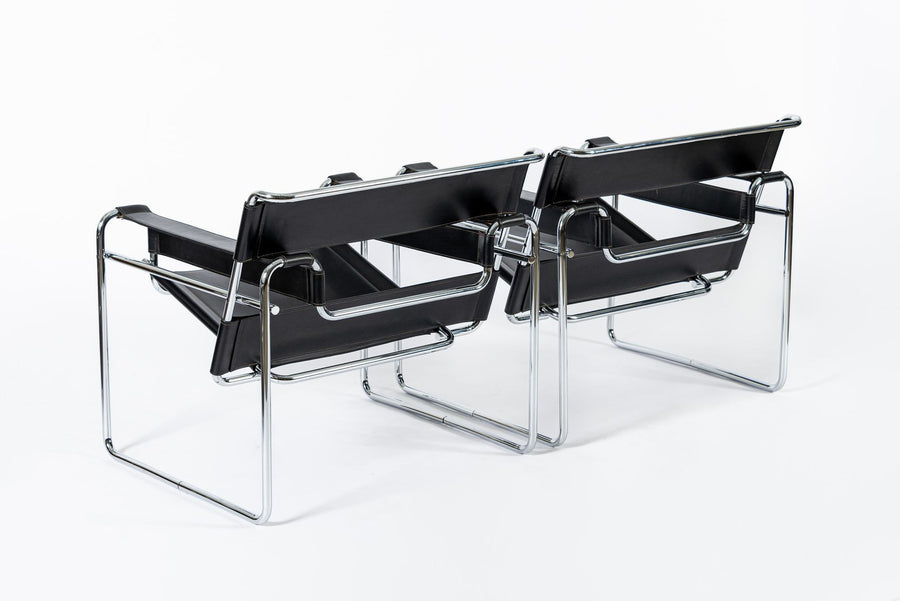 Mid Century Black Leather Wassily Arm Chairs by Marcel Breuer for Knoll, 1960s
