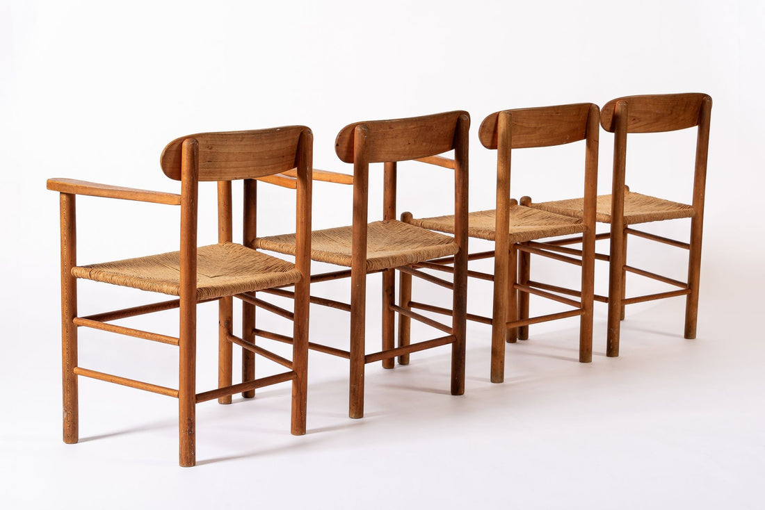 Mid Century Danish Wood & Rush Wicker Dining Chairs