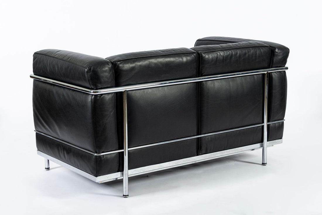 Authentic Cassina LC2 Black Leather Two-Seat Sofa by Le Corbusier 1994