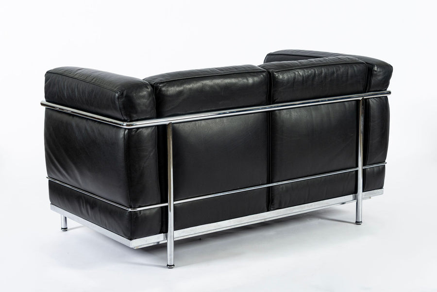 Authentic Cassina LC2 Black Leather Two-Seat Sofa by Le Corbusier 1994