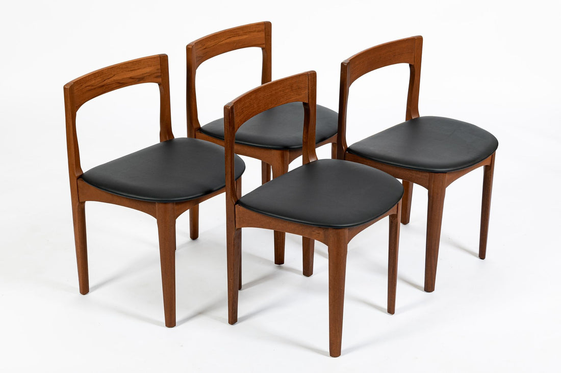 Mid Century Danish Teak Wood & Black Vinyl Dining Chairs, Set of 4
