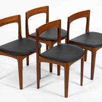 Mid Century Danish Teak Wood & Black Vinyl Dining Chairs, Set of 4