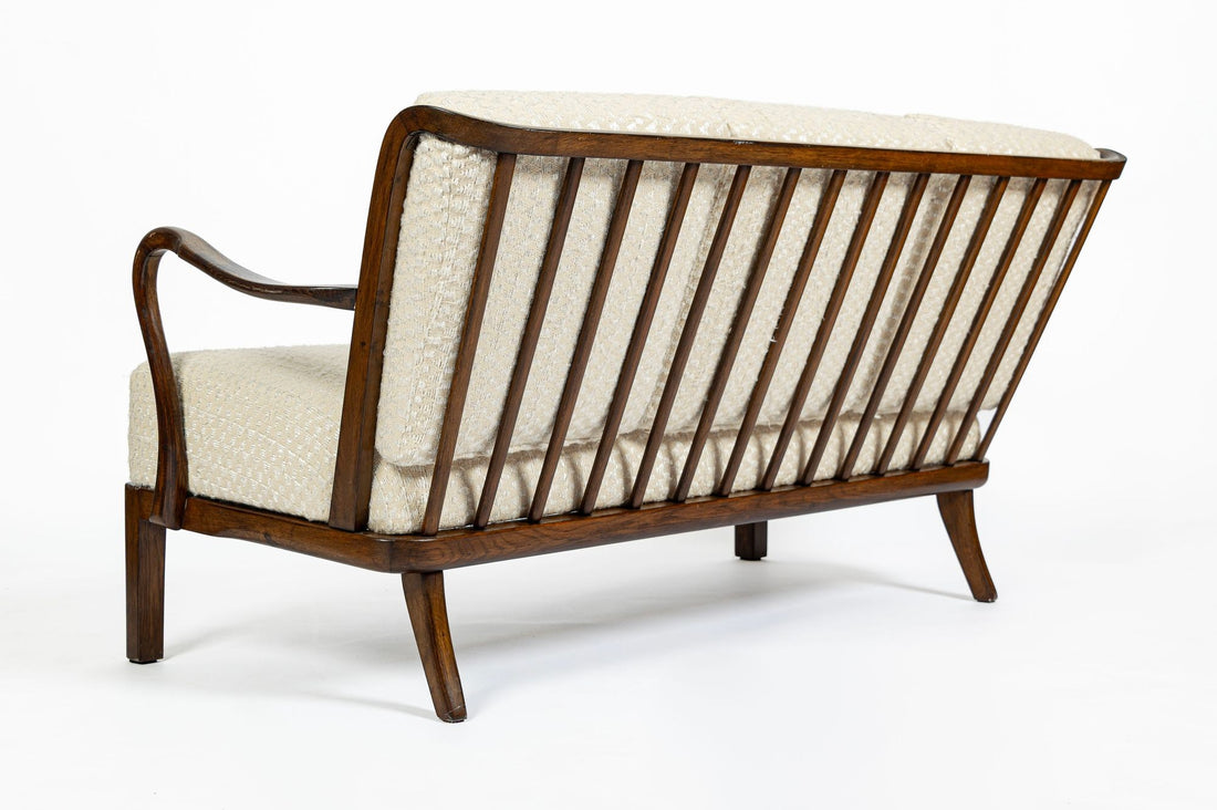 Danish Modern Solid Walnut Spindle Back Sofa in Schumacher Fabric, Circa 1960