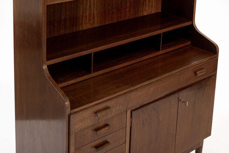 Mid Century Danish Walnut Wood Pull-Out Secretary Desk & Bookcase