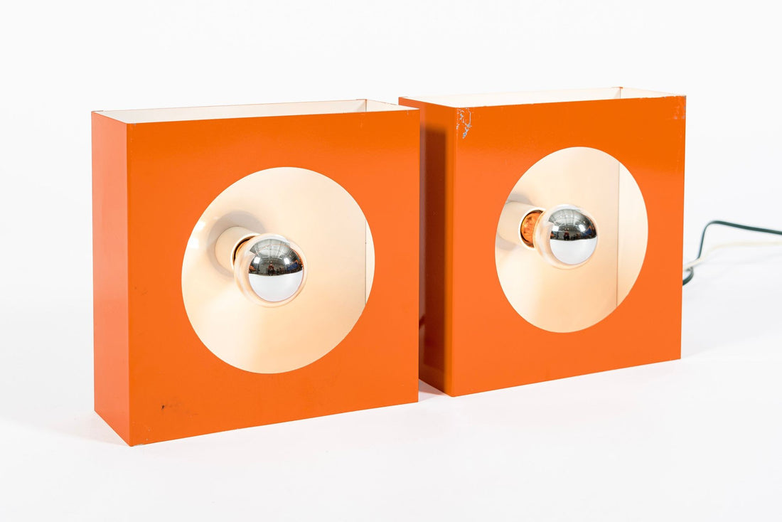 Vintage Mid Century French Orange Metal Wall Light Sconces by Disderot (attr)