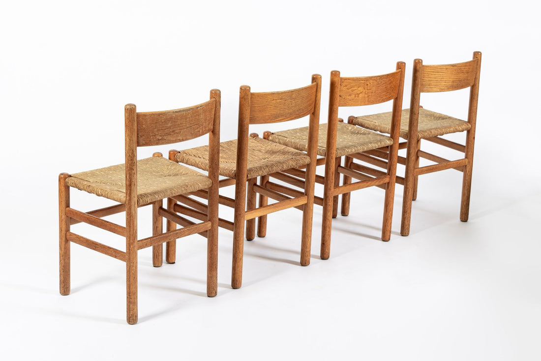 Mid Century Dutch Oak Wood and Rush Chairs by Johan van Heuvel