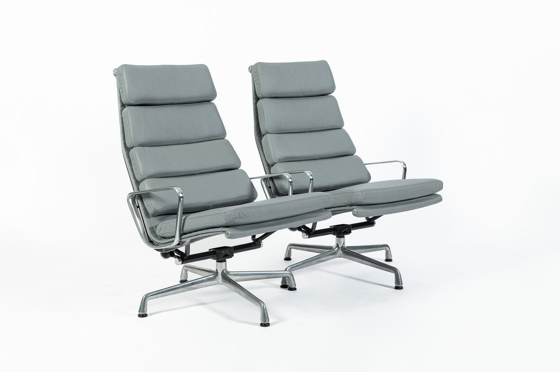 Pair Eames Soft Pad Recliners with Ottoman for Herman Miller, Gray Leather Aluminum Group