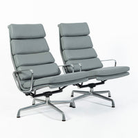 Pair Eames Soft Pad Recliners with Ottoman for Herman Miller, Gray Leather Aluminum Group