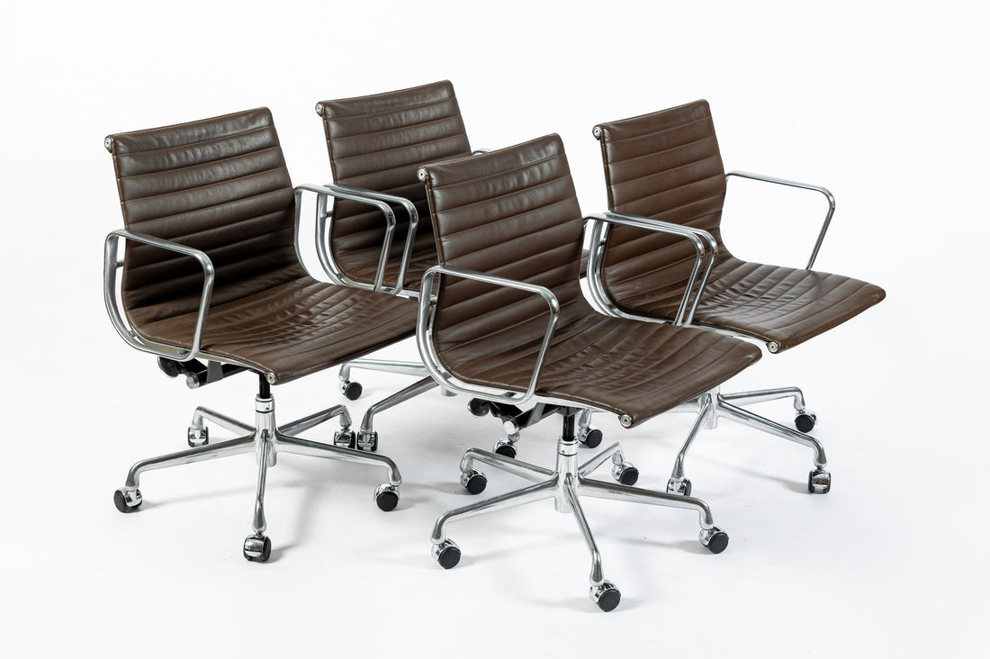 Set of 4 Eames Thin Pad Office Chairs for Herman Miller, Brown Leather Aluminum Group