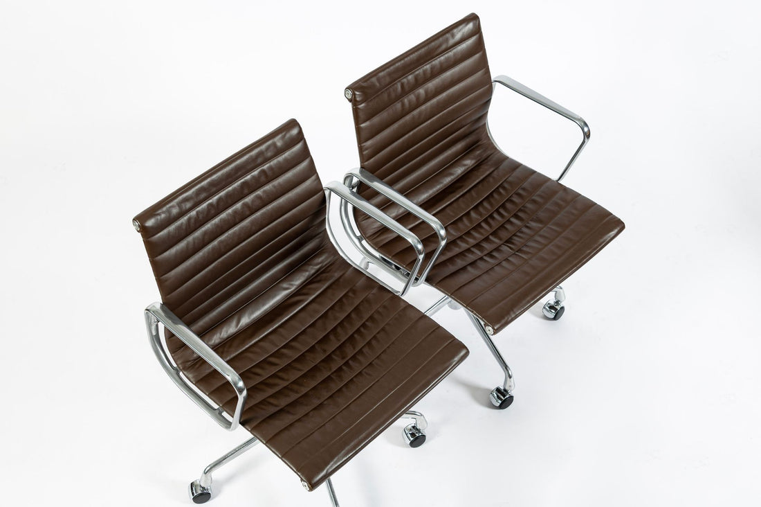 Set of 4 Eames Herman Miller Office Chairs, Brown Leather Thin Pad Aluminum Group