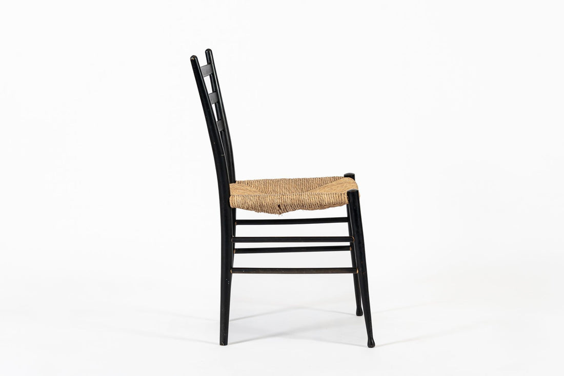 Vintage Mid Century Black Wood and Rush Wicker Dining Chair