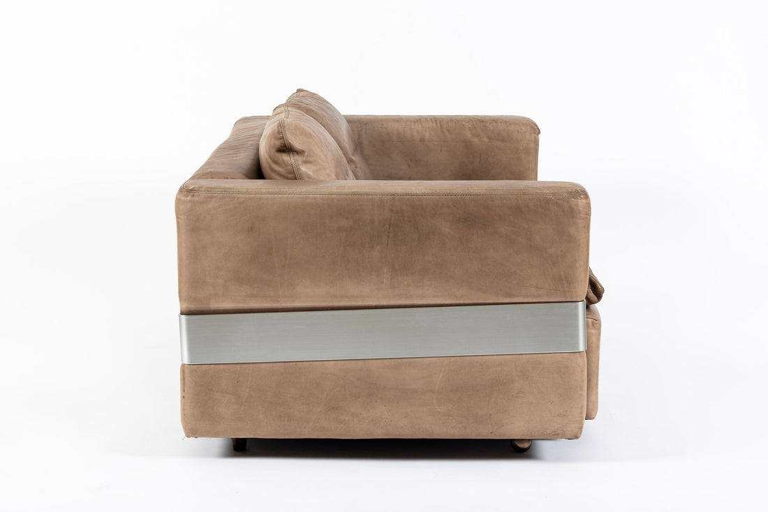 Mid Century German Distressed Brown Leather Sofa in the Style of Robert Haussmann