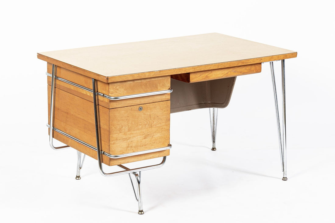 Kem Weber Trimline Desk for Heywood Wakefield, Mid Century Modern Birch and Chrome Office Desk, 1950s