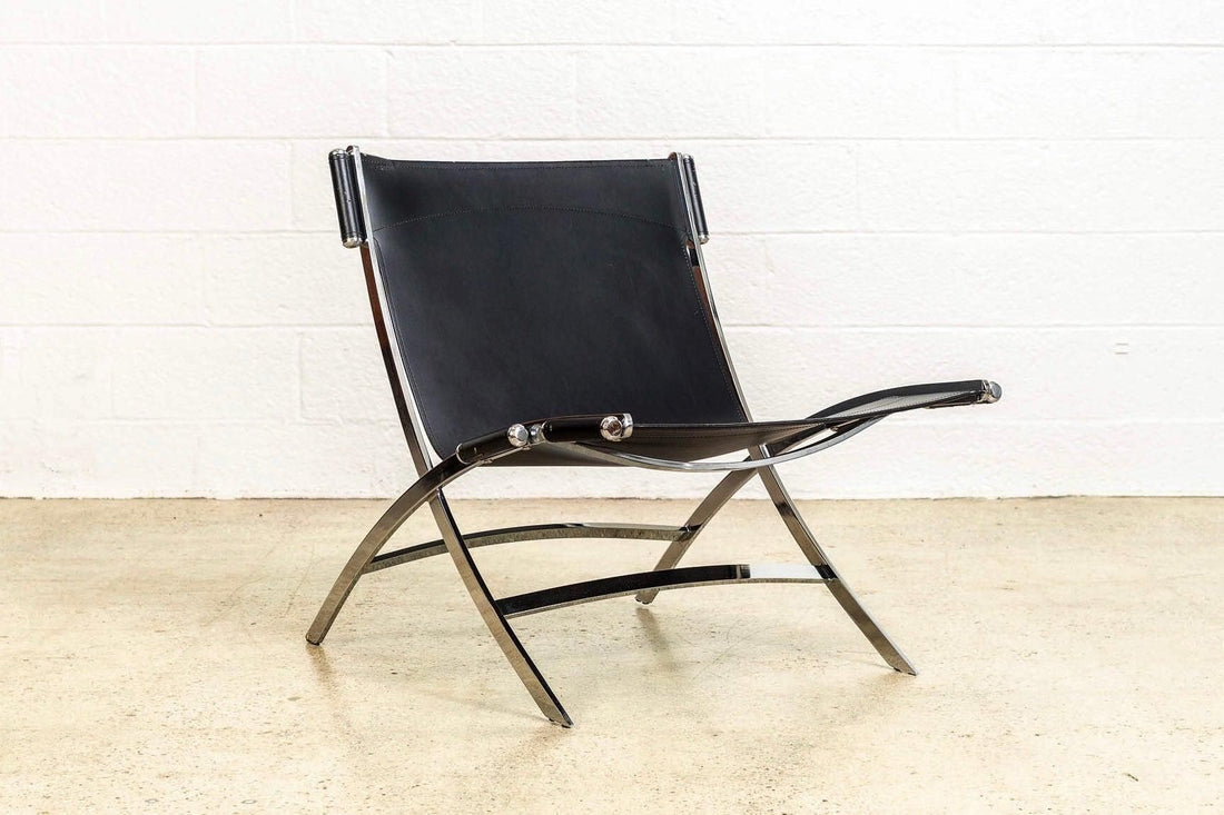 Vintage Postmodern Black Leather and Chrome Lounge Chairs by Antonio Citterio