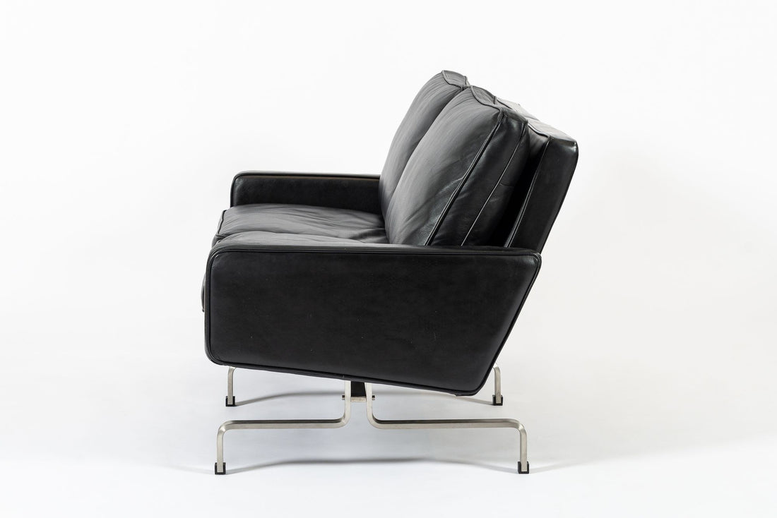 Vintage Postmodern Black Leather & Brushed Steel Loveseat Sofa, 1980s