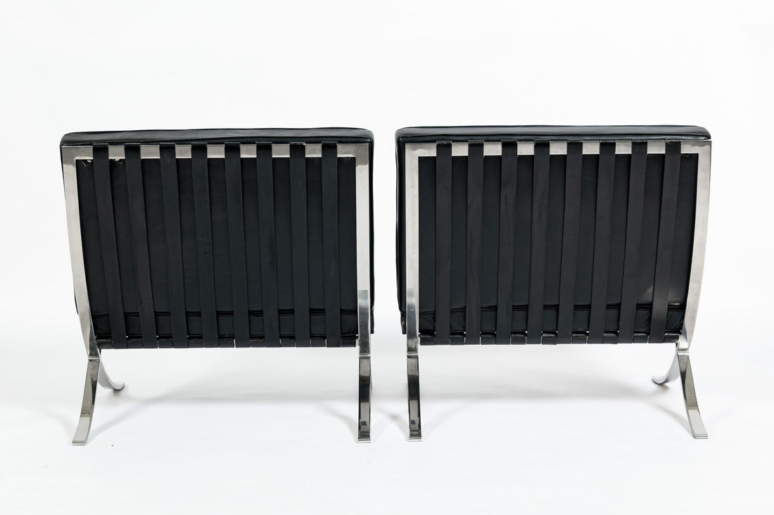 Pair Mid Century Black Leather Barcelona Chairs by Mies van der Rohe for Knoll, 1977
