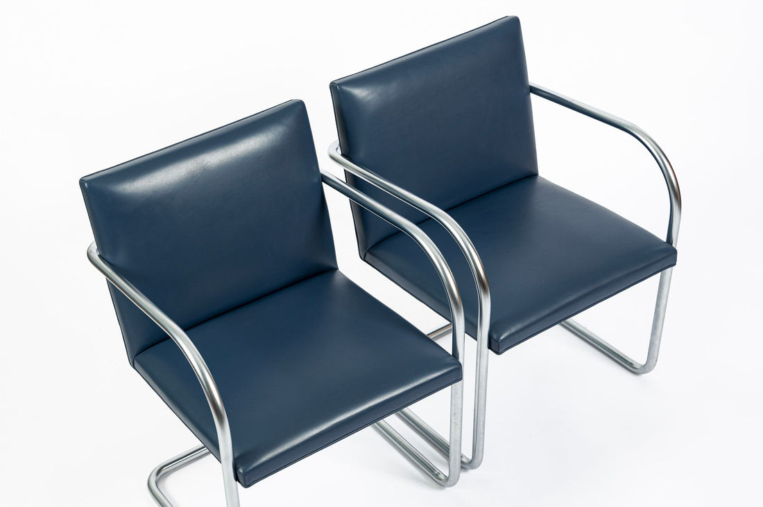 Mid Century Modern Blue Leather Brno Arm Chairs by Mies van der Rohe for Knoll, Set of 4