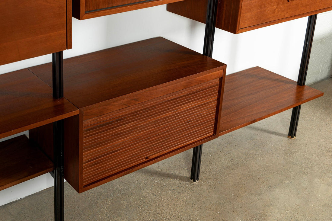Early Production George Nelson OMNI Three-Bay Modular Walnut Wall Unit by Structural Products, Circa 1961