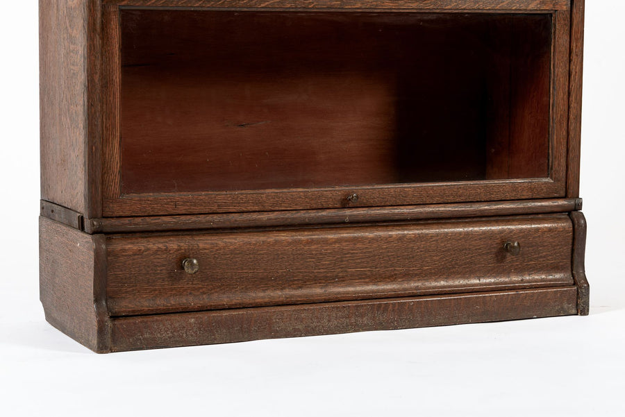 Antique Three Shelf Wood Barrister Bookcase Cabinet with Leaded Glass