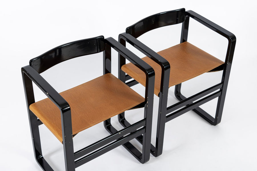 Mid Century Modern Black Lacquer and Brown Leather Arm Chairs 1970s