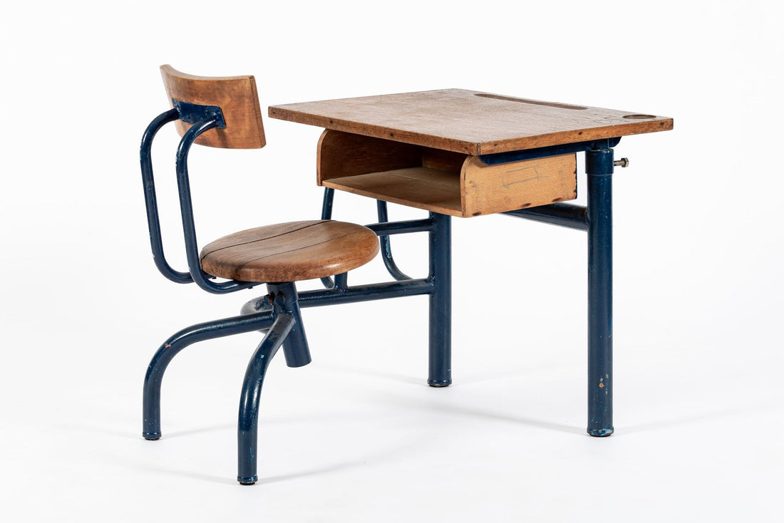 Vintage Antique Wood & Metal Child’s School Desk and Chair in the Style of Jean Prouvé