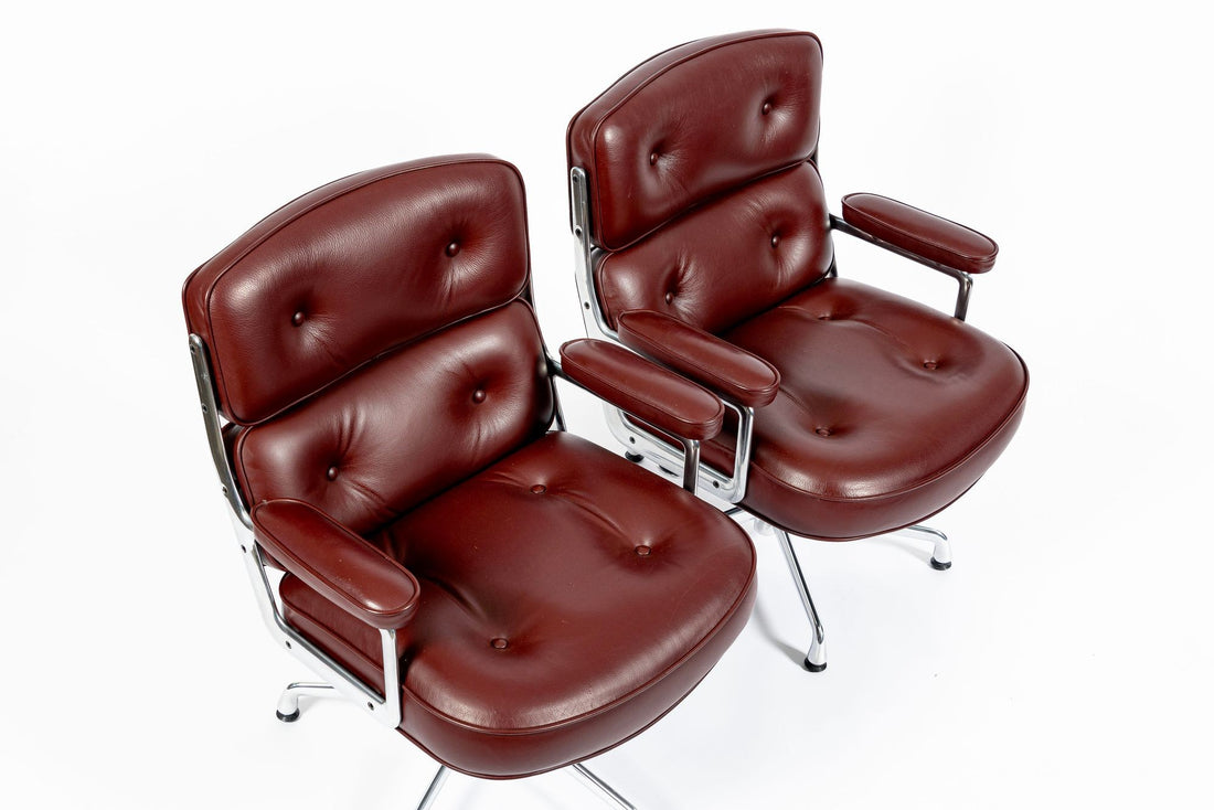 Pair Eames Herman Miller Time Life Lobby Red Leather Office Chairs