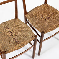 Vintage Rustic Modern Wood and Rush Wicker Dining Chairs, Set of 4