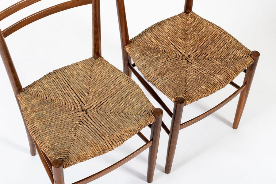 Vintage Rustic Modern Wood and Rush Wicker Dining Chairs, Set of 4