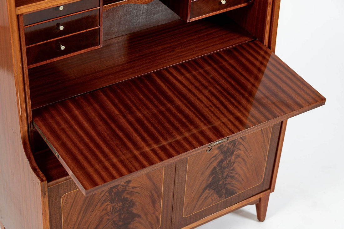 Scandinavian Modern Figured Mahogany Secretary Bookcase Cabinet 1960s