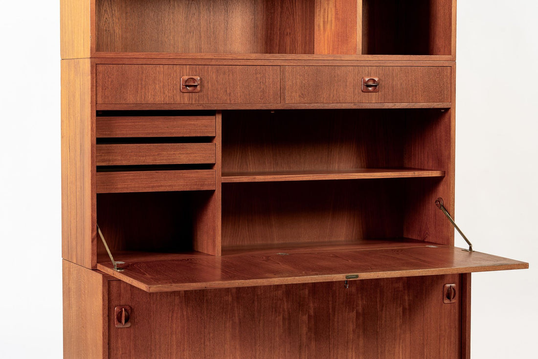 Mid Century Danish Teak Wood Drop-Down Secretary Desk Wall Unit