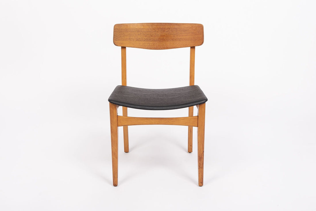 Mid Century Danish Teak Wood & Black Vinyl Dining Chairs