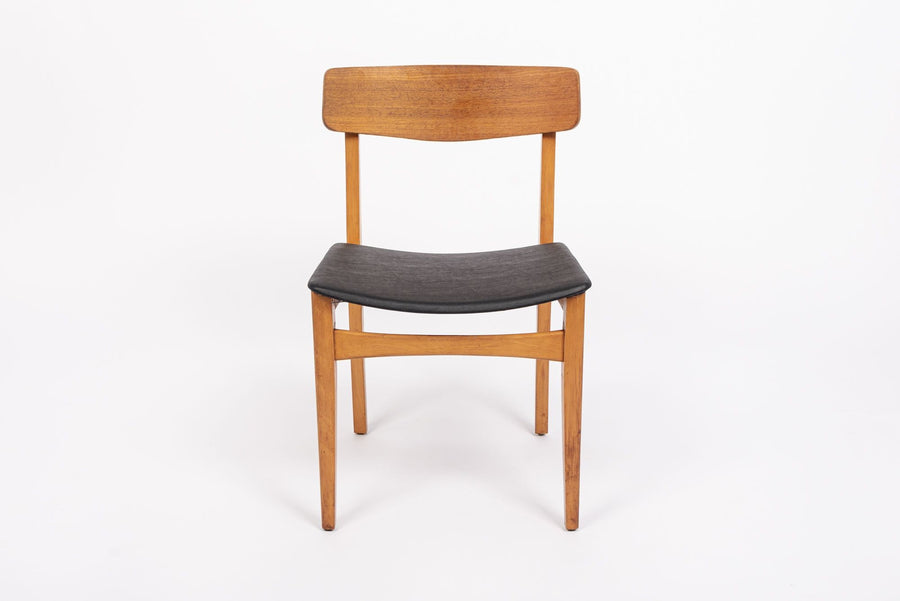 Mid Century Danish Teak Wood & Black Vinyl Dining Chairs