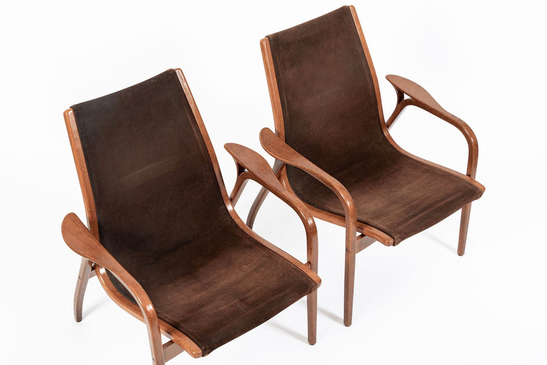 Pair Mid-Century Swedish Brown Lamino Lounge Chairs by Yngve Ekström for Swedese
