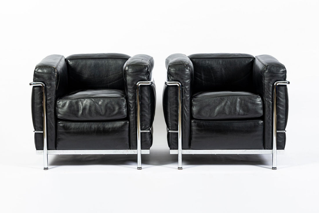 Pair of Cassina LC2 Black Leather Petit Lounge Chairs by Le Corbusier