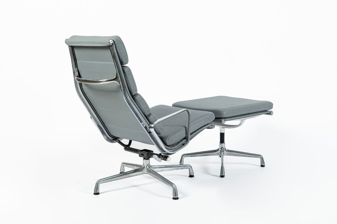 Eames Soft Pad Recliner with Ottoman for Herman Miller, Gray Leather Aluminum Group
