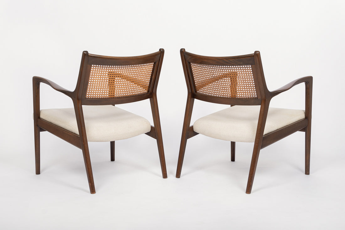 Mid Century White Lounge Chairs with Walnut and Cane Jens Risom Style