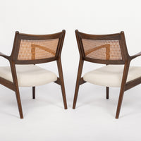 Mid Century White Lounge Chairs with Walnut and Cane Jens Risom Style