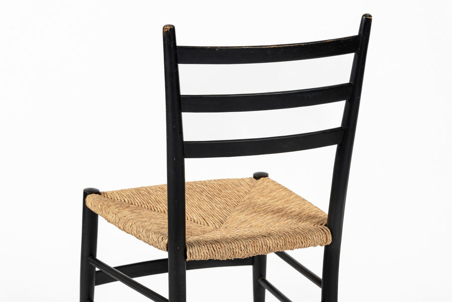 Vintage Mid Century Black Wood and Rush Wicker Dining Chairs