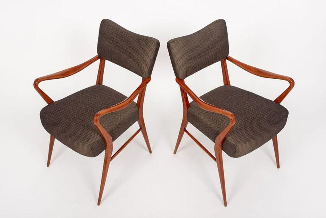Pair of Mid Century Modern Wood & Brown Upholstered Arm Chairs, 1950s