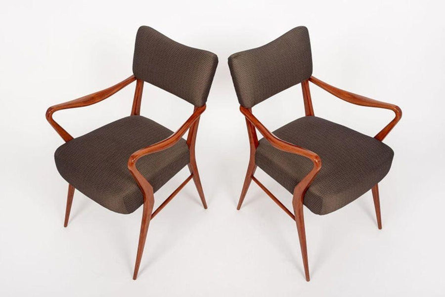 Pair of Mid Century Modern Wood & Brown Upholstered Arm Chairs, 1950s