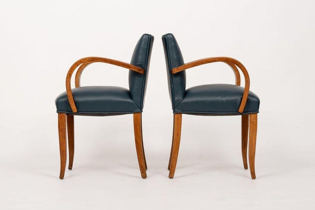 Antique Art Deco Maple Bentwood and Blue Leather Dining Chairs 1930s
