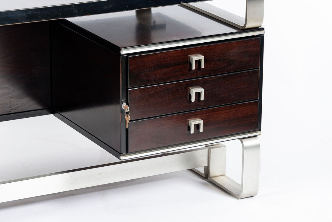 Postmodern Italian Rosewood and Metal Writing Desk by Abbondinterni, 1970s