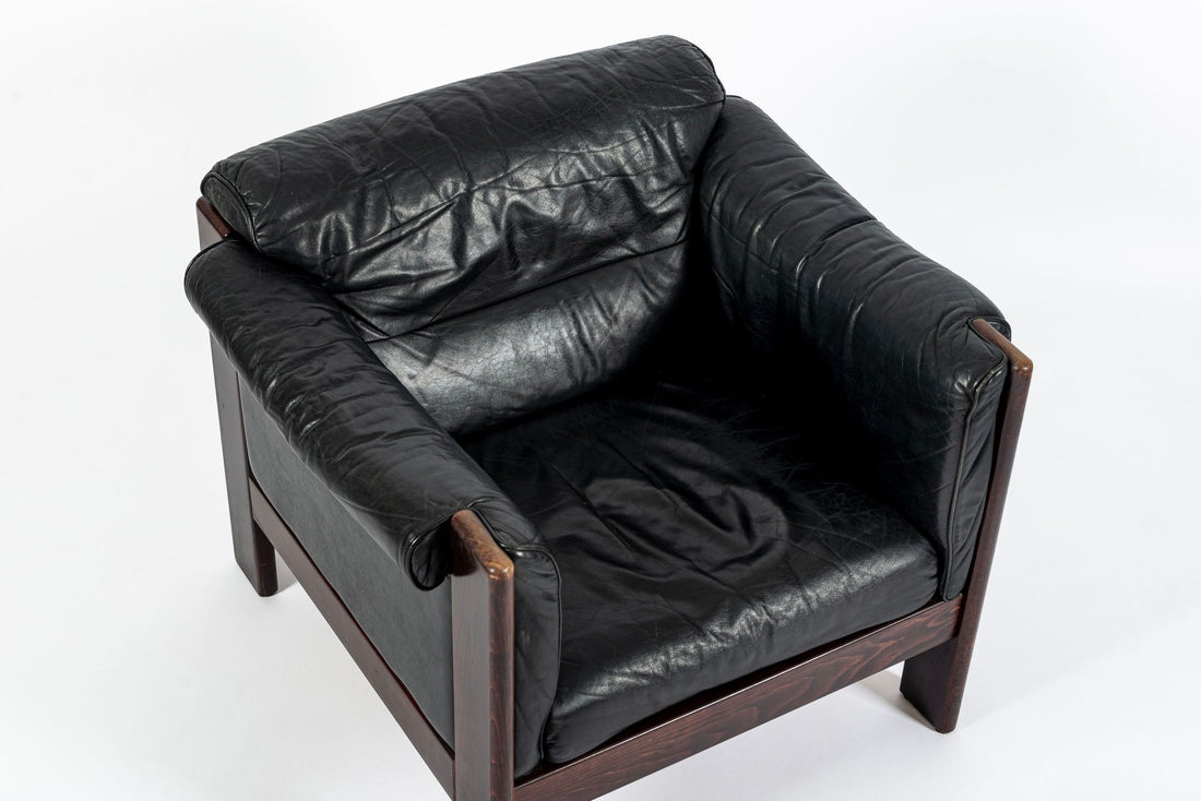 Mid Century Danish Black Leather Lounge Chair in Style of Arne Norell, Matching Sofa