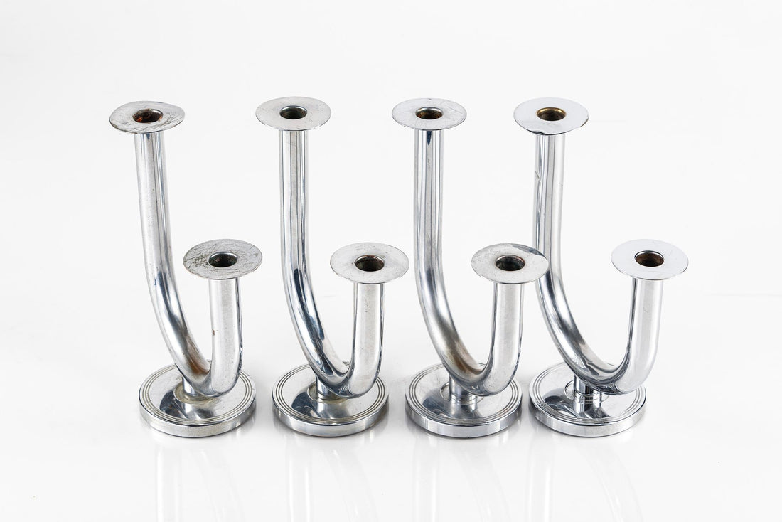 Antique Art Deco Taurex Chrome Candlestick Holders by Walter Von Nessen for Chase
