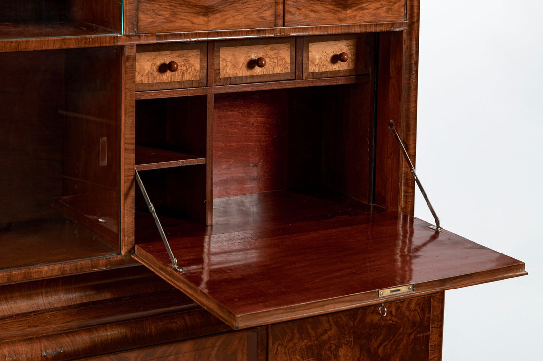 Antique Art Deco Burl Wood China Cabinet or Bar Cabinet with Drop-down Tabletop 1930s