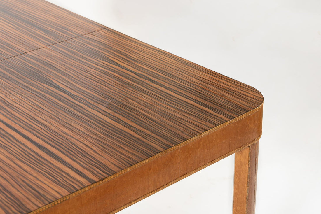 Antique Art Deco Macassar Ebony Wood Dining Table with Glass Top, 1940s