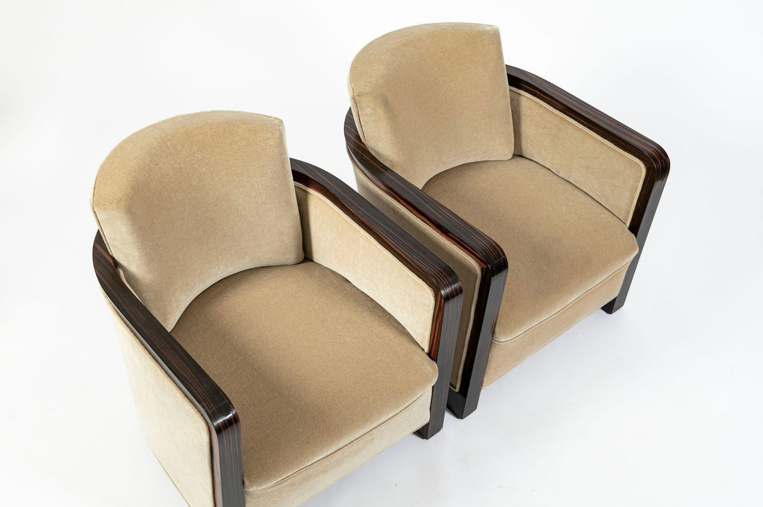 French Art Deco Mohair Lounge Chairs by Eric Bagge for Mercier Frères, Macassar Ebony, 1920s
