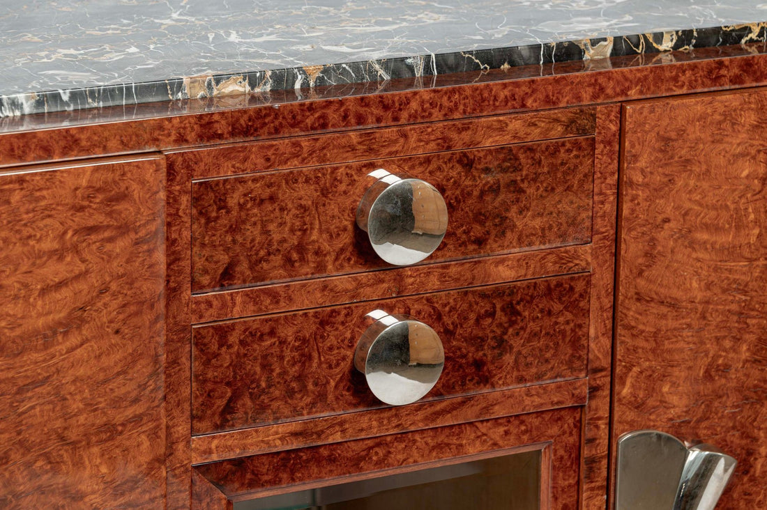 French Art Deco Amboyna Burl Sideboard or Bar Cabinet with Marble Top, Circa 1930
