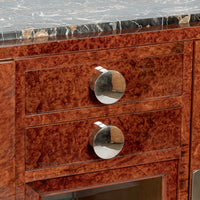 French Art Deco Amboyna Burl Sideboard or Bar Cabinet with Marble Top, Circa 1930